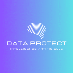 Le Forum du Rotary - Logo avec une empreinte digitale blanche au-dessus des textes "DATA PROTECT" et "INTELLIGENCE ARTIFICIELLE" sur un fond dégradé de bleu à violet. Retour en images sur une identité visuelle alliant sécurité et innovation.