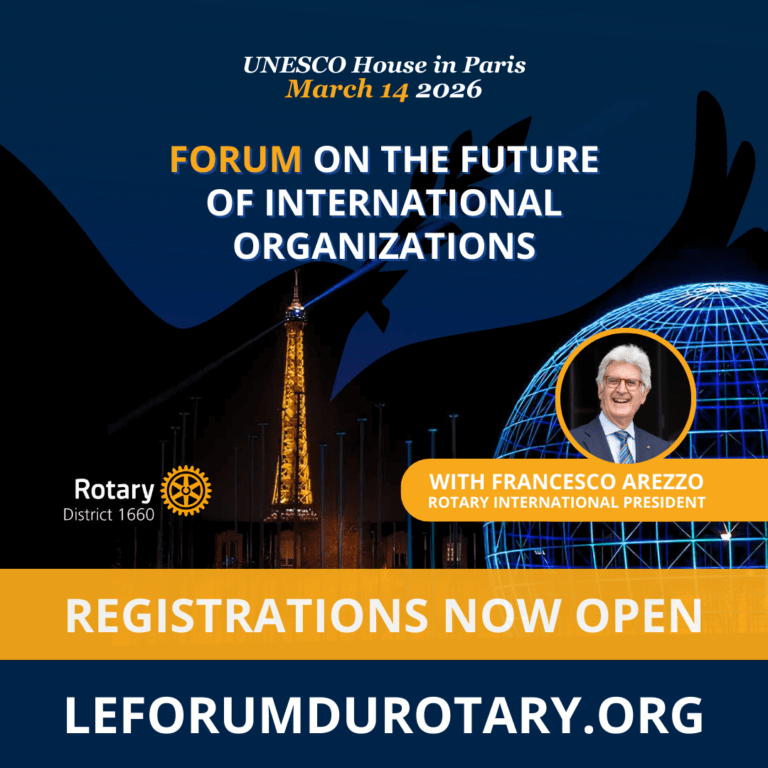 le forum du rotary affiche numérique pour "le forum sur l'avenir des organisations internationales" à la maison de l'unesco à paris le 14 mars 2026, avec une photo de francesco arezzo, les modalités d'inscription sur leforumdurotary.org, et l'accès au kit de communication.