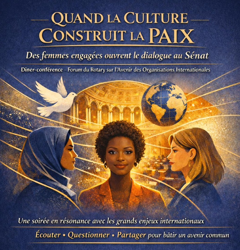 le forum du rotary une affiche en français représente trois femmes d'origines diverses devant le sénat français, avec une colombe et un laurier. le texte fait la promotion d'un dîner conférence du rotary réunissant des femmes de toutes les cultures et favorisant le dialogue pour la paix.