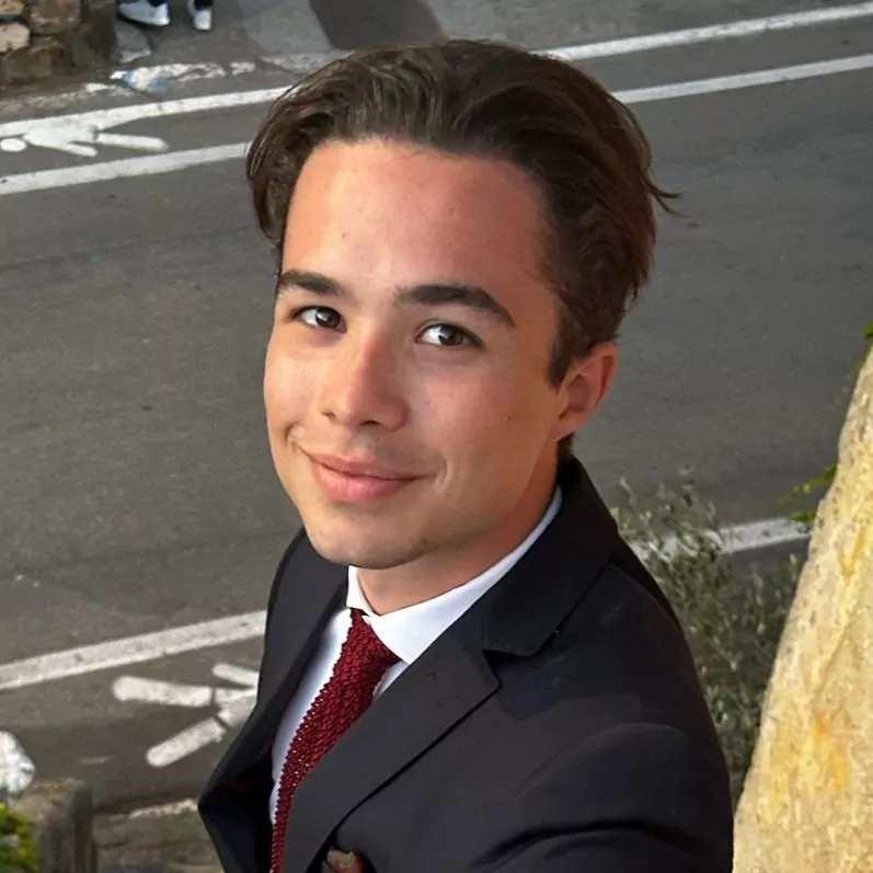 le forum du rotary un jeune homme aux cheveux foncés, supposé être arpad sarközy, portant un costume noir, une chemise blanche et une cravate rouge, sourit à la caméra en plein air, à côté d'un mur de pierre, avec une route et de la verdure visibles à l'arrière plan.
