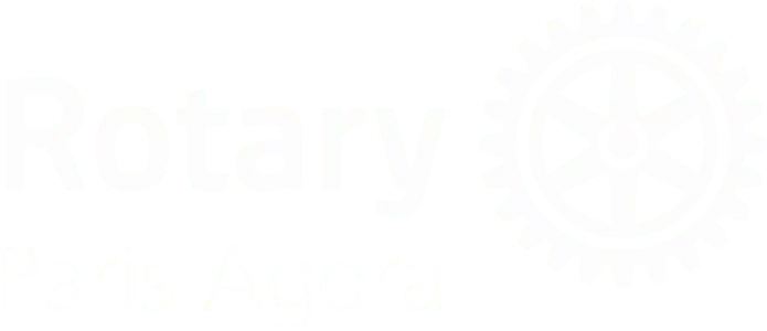 le forum du rotary logo blanc représentant un symbole d'engrenage et les mots "rotary paris agora" en police sans serif sur un fond transparent idéal pour les albums photos ou les collections numériques.